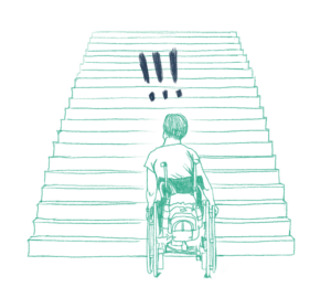 Person som inte kan ta sig upp för en trappa då hen sitter i rullstol